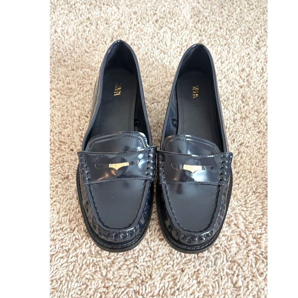 Zara Navy Blue Patent Leather Penny Loafers Size EU 38 US 7.5